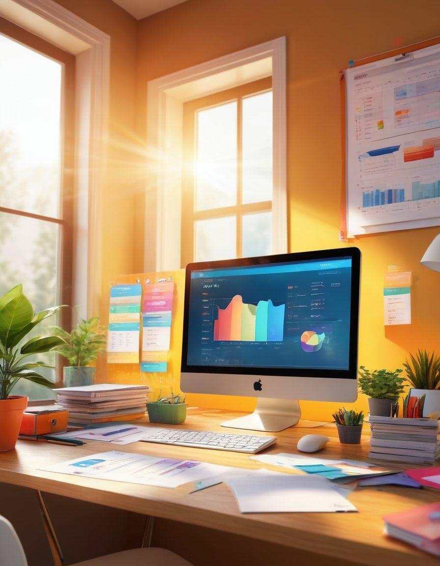 A cheerful and vibrant workspace filled with colorful folders, labeled with tags, surrounded by floating data charts and organized files. A warm sunbeam streams through a window, illuminating a stylish computer with a screen displaying a well-organized database interface. Include elements that symbolize joy and creativity, like plants and artistic decorations. cartoonish style. bright colors. 3D elements.