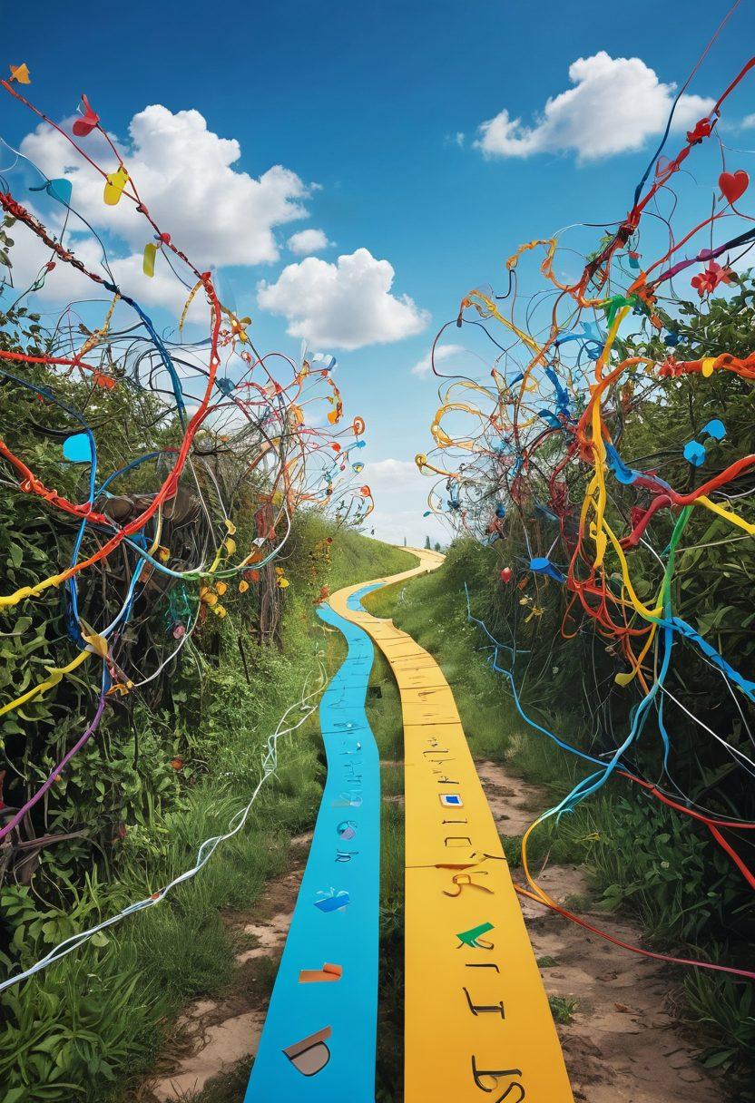 A whimsical pathway transitioning from a chaotic, cluttered database represented by tangled wires and disorganized data to a bright, cheerful scene of neatly arranged indexes and joyful characters celebrating. Incorporate elements like colorful charts, happy database icons, and light beams symbolizing clarity. The sky should gradually shift from stormy to sunny, illustrating the transformation of chaos into cheer. vibrant colors. whimsical style.